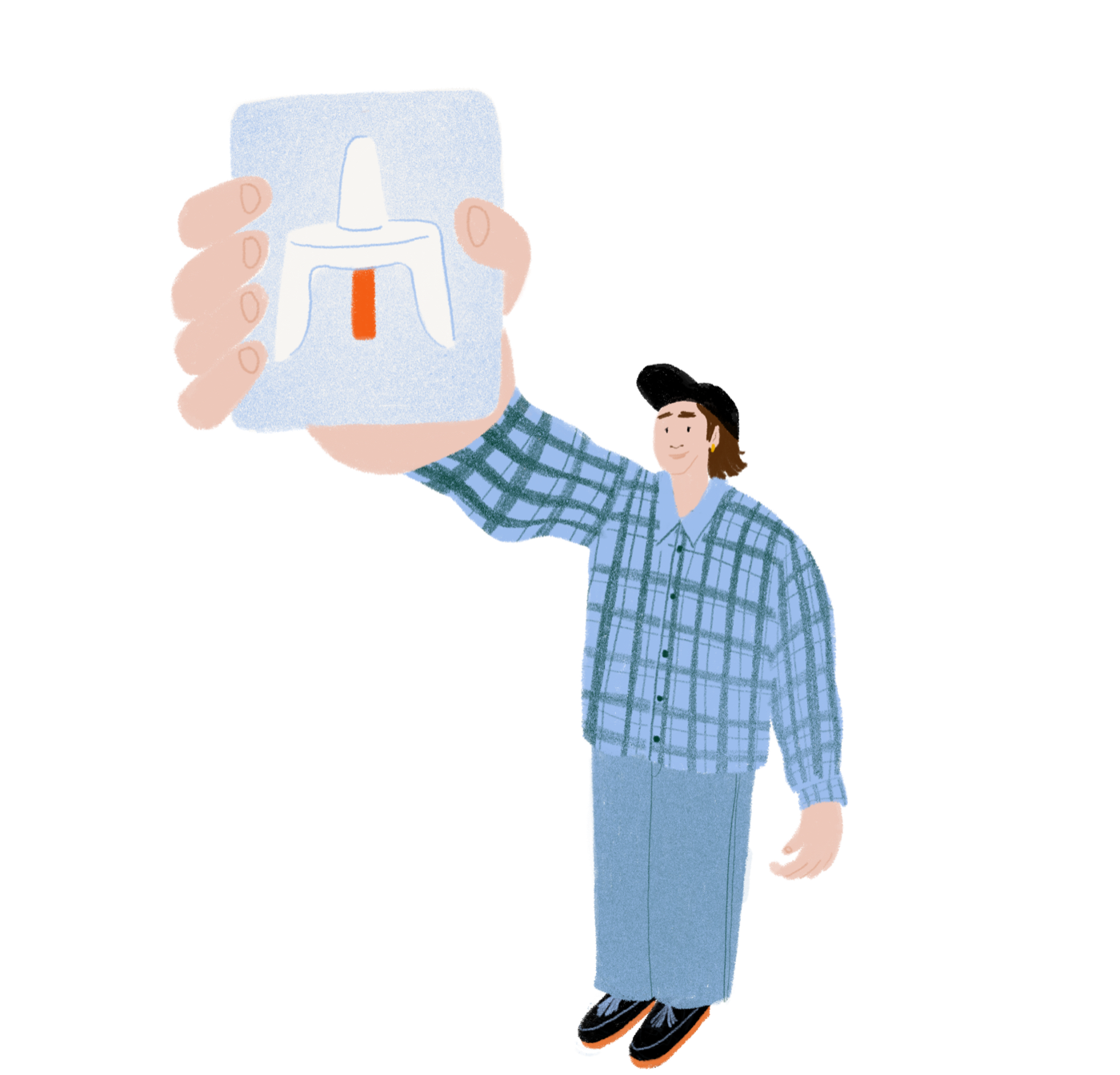 Illustration of a person holding up a naloxone nasal spray